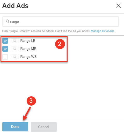 A screenshot of the Add Ads dialog in the rotation section of an Ad.