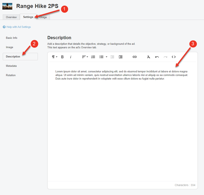 A screenshot of the Description section of the Settings tab of an Ad.