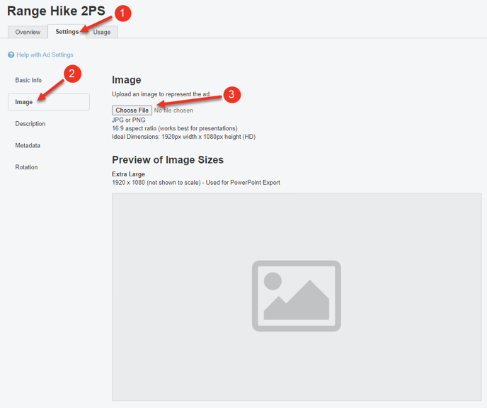 A screenshot of the Image section of the Settings tab of an Ad.