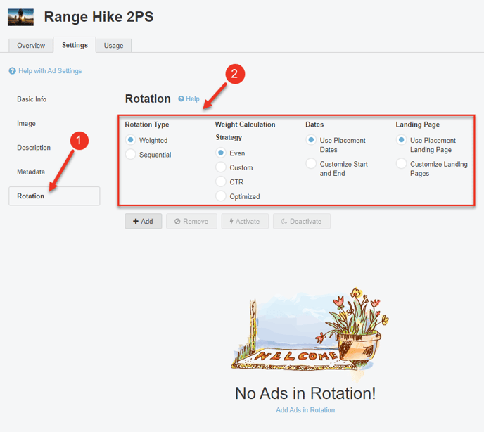 A screenshot of the Rotation section of the Settings tab of an Ad.
