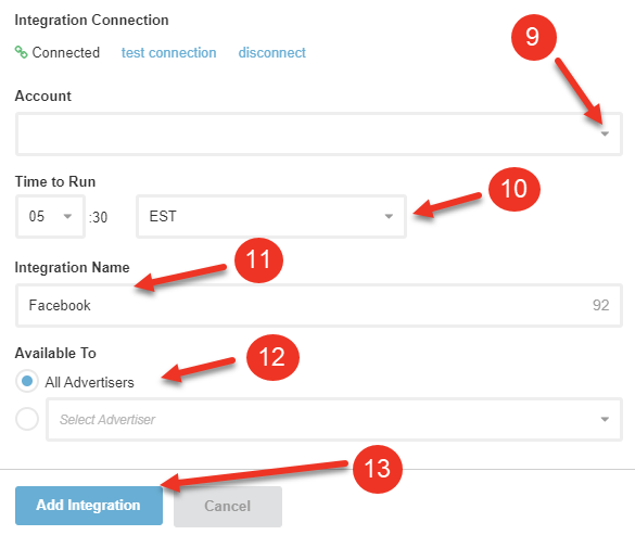 A screenshot of the settings on the Facebook New Integration dialog.