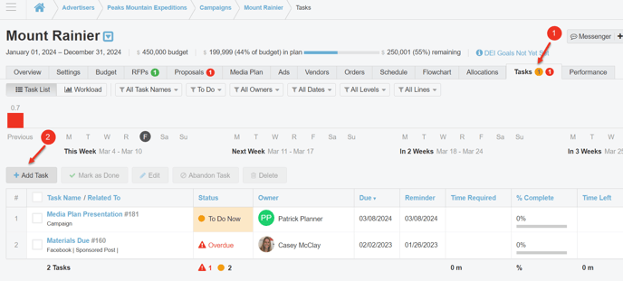 A screenshot highlighting the Task Tab on the Campaign Level.