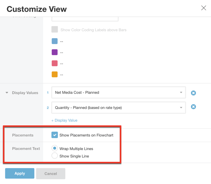 A screenshot of the placements settings in customized view dialog.