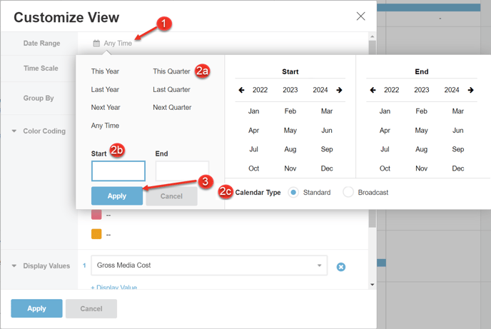 A screenshot of how to update the date range of a flowchart.