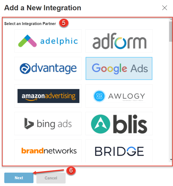 A screenshot of a list of the integrations to select to add.