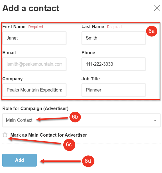 A screenshot of the Add a contact, enter contact details dialog.