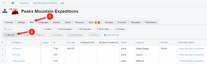 A screenshot of the Ads tab in an Advertiser.