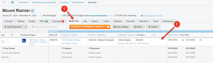 A screenshot of a media plan and how to create an ad.