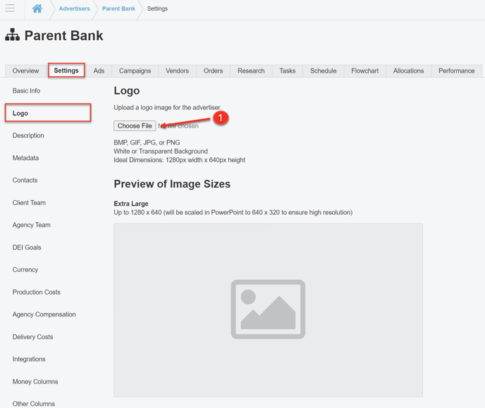 A screenshot of how to add a logo for an Advertiser.