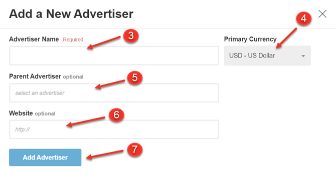 A screenshot of the dialog when adding a new advertiser that has a parent advertiser.