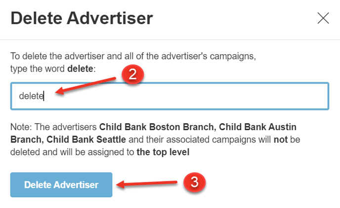 A screenshot of the Delete Advertiser confirmation page.