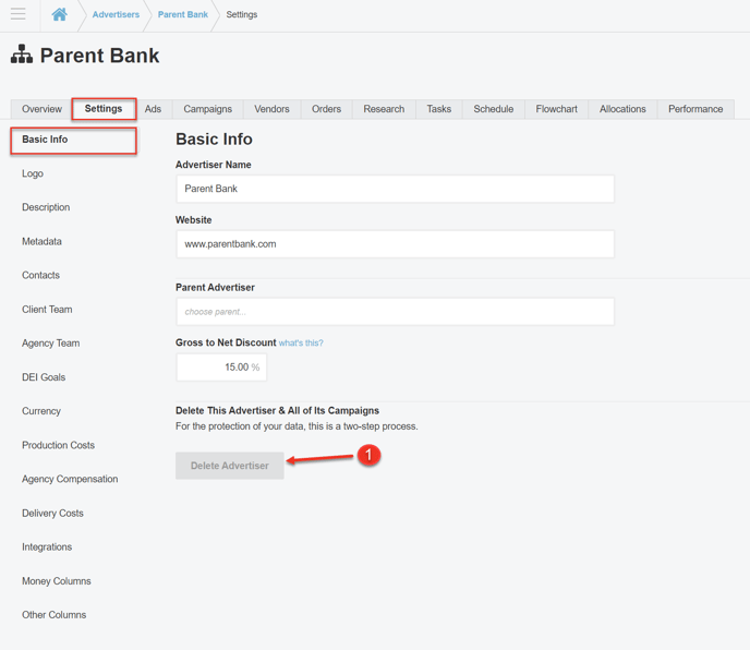 A screenshot of the Basic Info page in the Settings tab for an Advertiser detailing how to delete an advertiser.