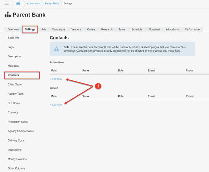 A screenshot of the contacts page under the Settings tab for an Advertiser.