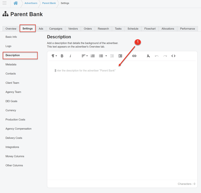 A screenshot of the description page under the Settings Tab for an Advertiser.