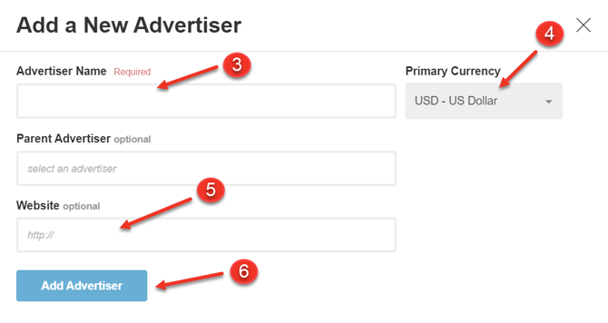 A screenshot of the dialog when adding a new advertiser.