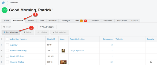 A screenshot of the Add Advertiser button in the Advertisers Tab in Bionic.