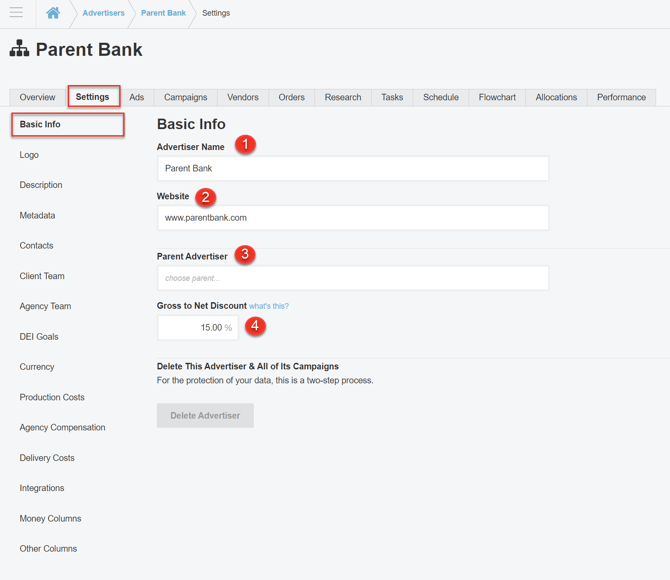 A screenshot of the Basic Info page in the Settings tab for an Advertiser.