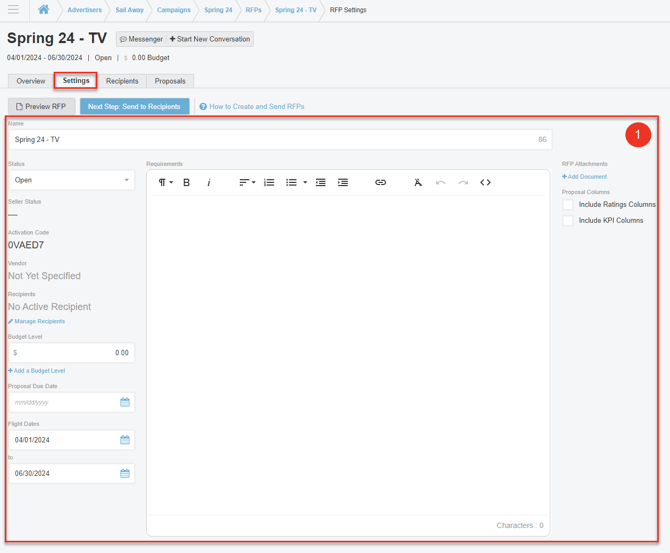 A screenshot of the Settings Tab in an RFP.