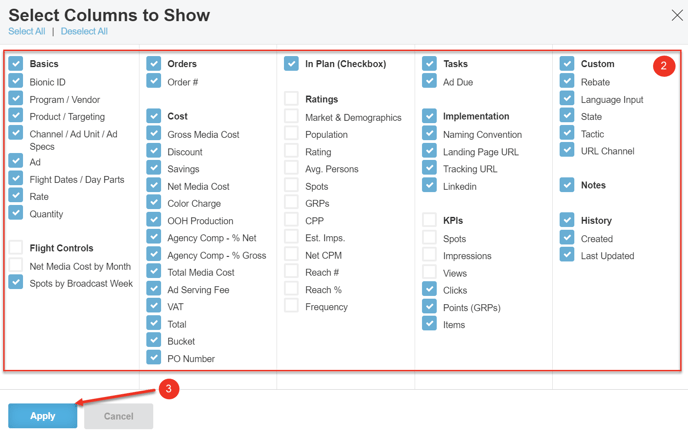 A screenshot of the Select Columns to Show dialog.