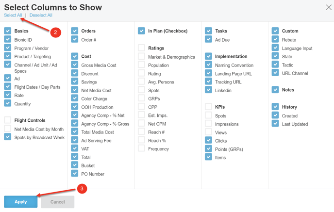 A screenshot of the Select Columns to Show dialog.