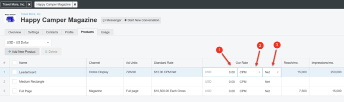 A screenshot of the Products tab and how to set your own rate for a product.