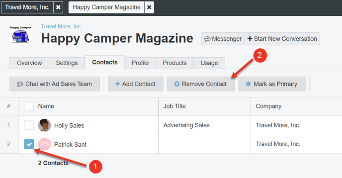A screenshot highlighting how to remove a contact in Contacts tab.