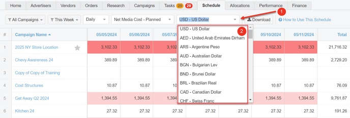 A screenshot of the Currency filter in the Schedule Tab.