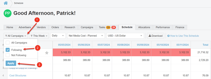 A screenshot of the All Campaigns filter in the Schedule Tab.