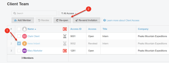 A screenshot of how to re-open access to a member.