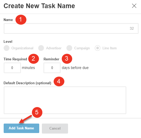 A screenshot of the Create New Task Name dialog.