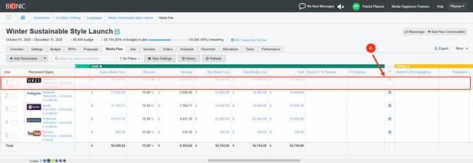 Screenshot of a media plan in Bionic detailing how to exclude a line.