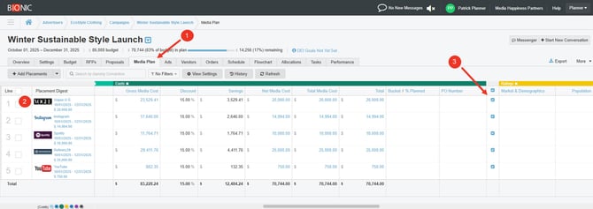 Screenshot of a media plan in Bionic.