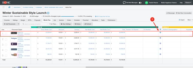 Screenshot of a media plan in Bionic detailing how to re-include a line