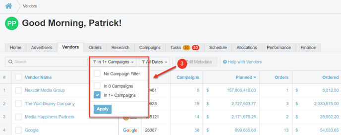 A screenshot highlighting the In Campaigns filter on the vendors tab.