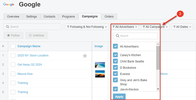 A screenshot highlighting the All Advertisers filter in the Campaigns tab of a vendor.
