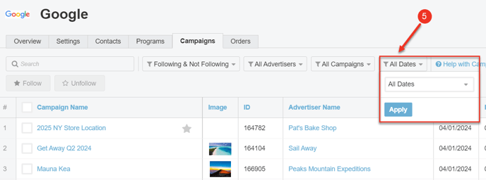 A screenshot highlighting the All Dates filter in the Campaigns tab of a vendor.