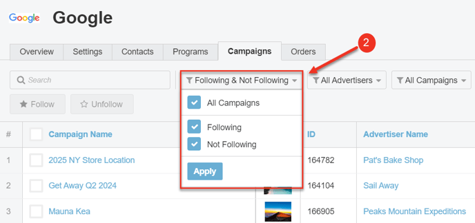 A screenshot highlighting the Follow filter in the Campaigns tab of a vendor.