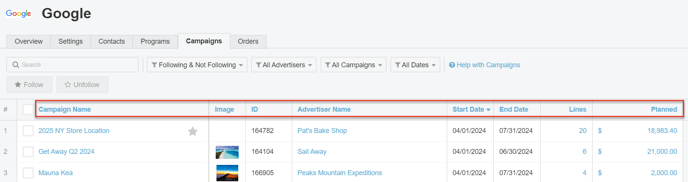 A screenshot highlighting the search field in the Campaigns tab of a vendor.