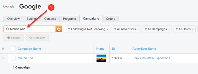 A screenshot highlighting the search field in the Campaigns tab of a vendor.