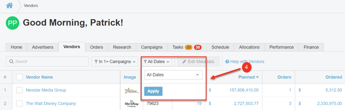 A screenshot highlighting the All Dates filter on the vendors tab.