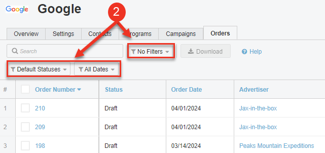 A screenshot of the Filters available in the Orders Tab of a vendor.
