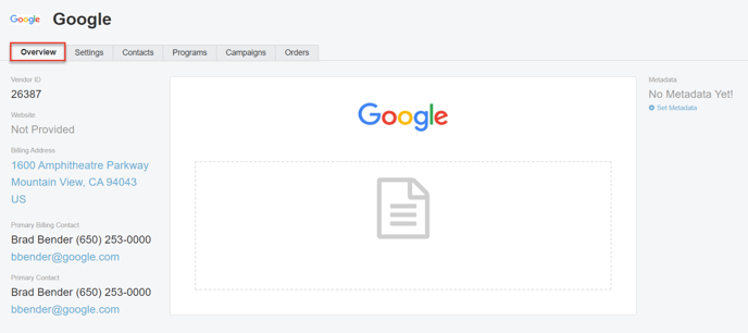 A screenshot of the Overview Tab of a Vendor.