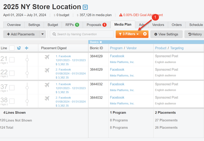A screenshot of a media plan highlighting how to display all filter options.