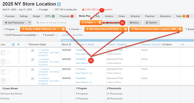 A screenshot of a media plan highlighting how to remove filters.