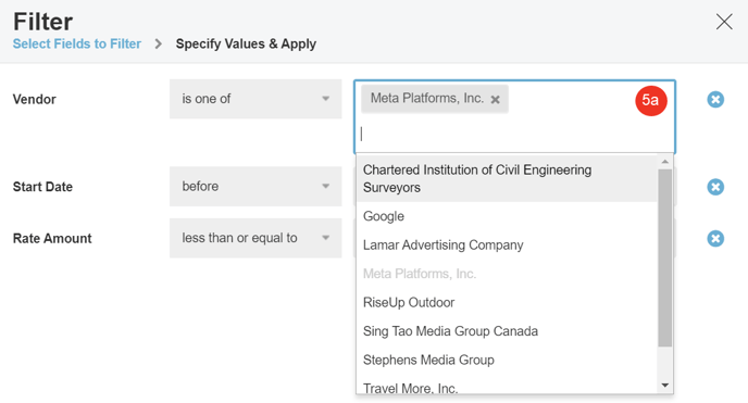 A screenshot of a Vendor Value example in Specify Values and Apply dialog.