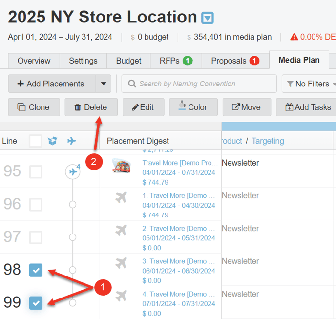 A screenshot of a media plan, highlighting how to use the delete button to delete multiple flights simultaneously.