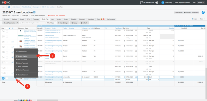 A screenshot of the Action Items Menu in media plan, highlighting how to Enable Flighting.