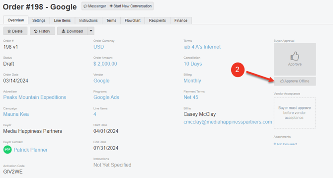 A screenshot of the Overview Tab of an Order.
