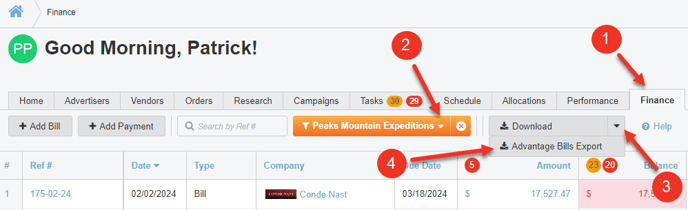 A screenshot of the Advantage Bills Export download button in the Finance Tab.