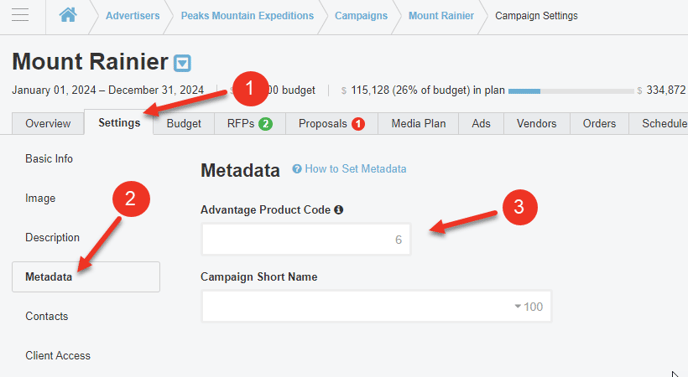 A screenshot of the Metadata section in the Settings Tab of a Campaign.